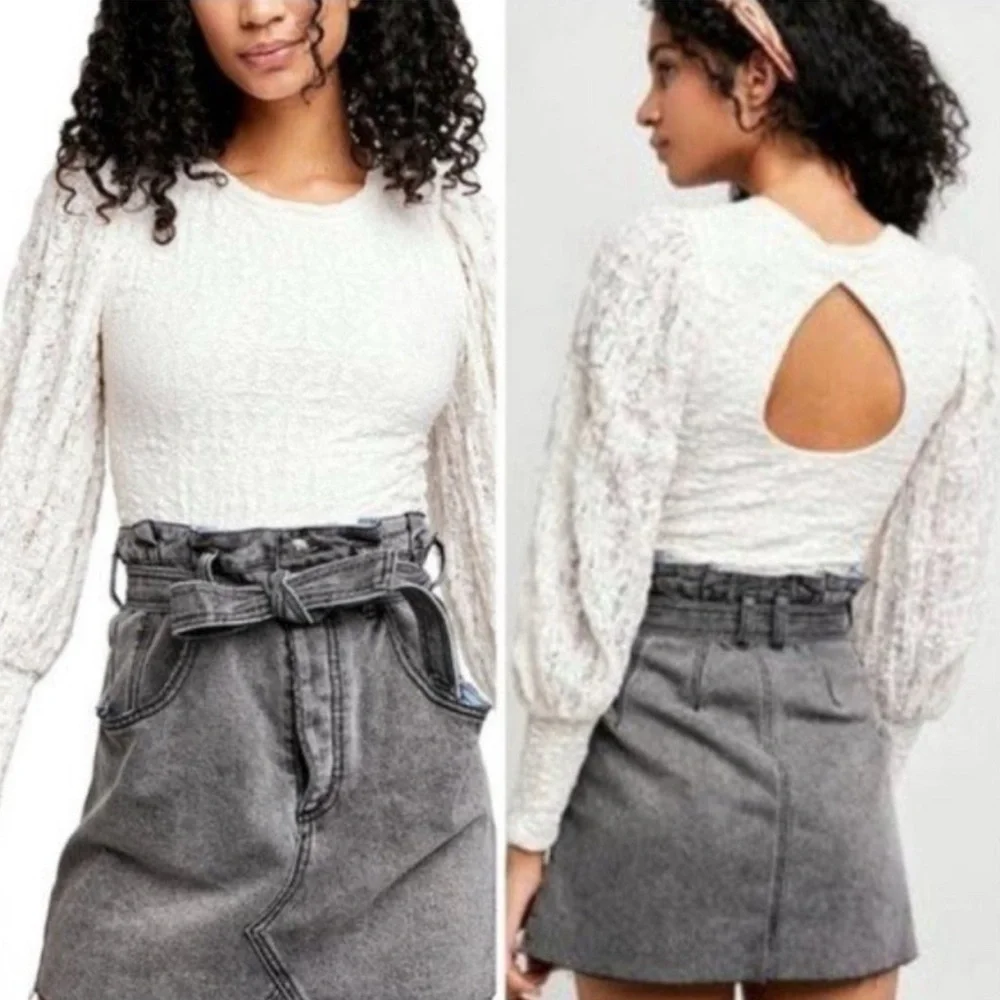 Free People Tea Time Cropped Balloon Sleeve White Top Size Medium
